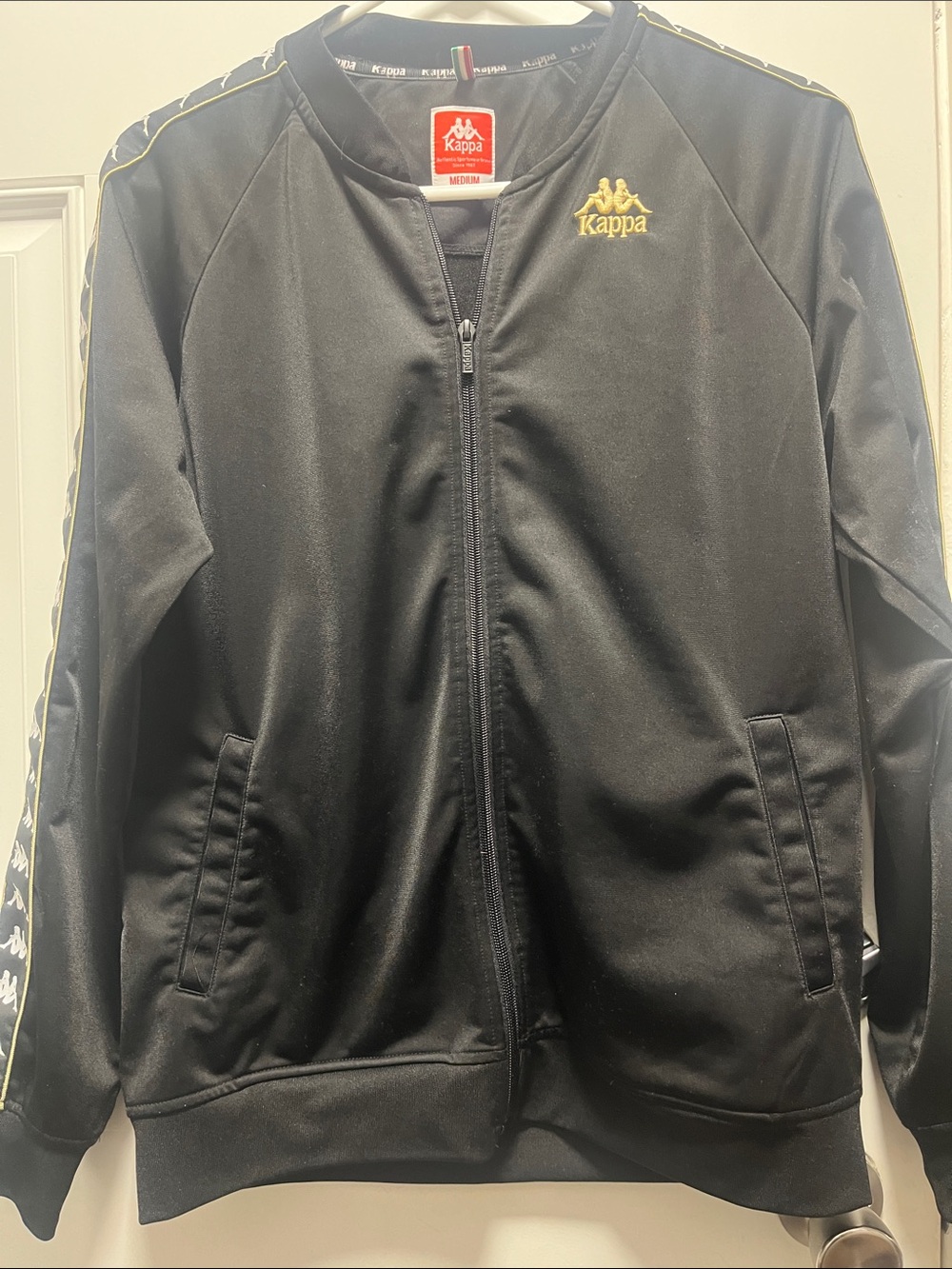 Kappa Black Men’s Track Jacket with Gold Logo and Shoulder Tape